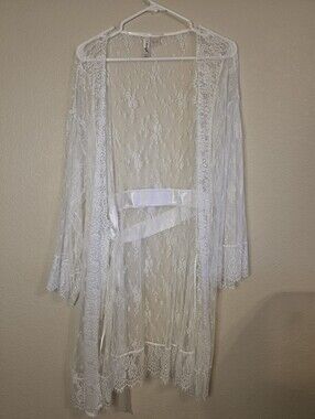 Dreamgirl White Sheer Lace Long Robe with Satin Tie